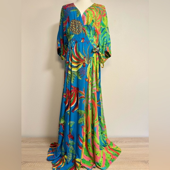 Farm Rio Tahiti Wrap Maxi Dress Women’s Sz M multicolor tropical rainforest - Picture 5 of 16